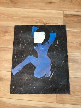 Abstract Nude Woman Posing Blue Figure Galaxy Painting on Stretched Canvas